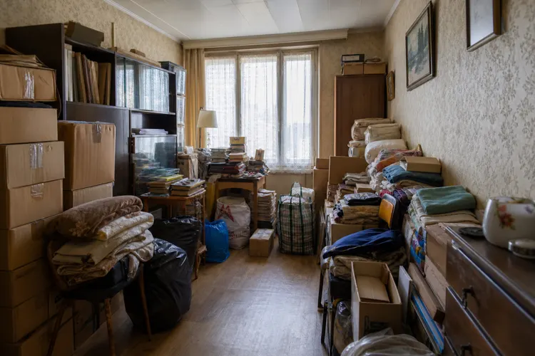 Un salon encombré de cartons, de sacs et de piles de linge le long des murs.